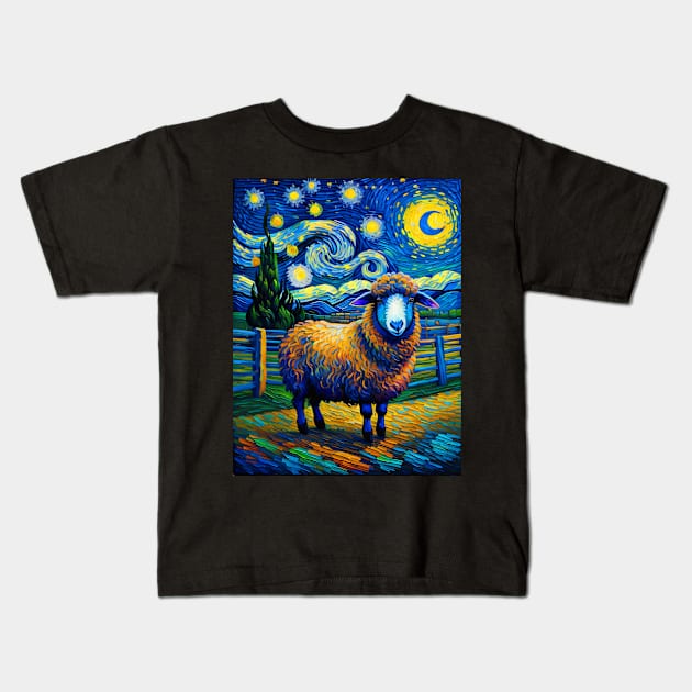 Sheep in starry night Kids T-Shirt by FUN GOGH